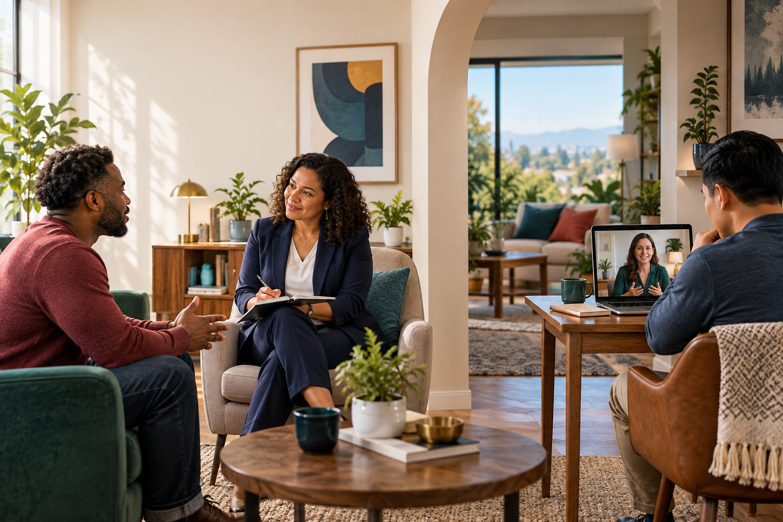 Illustration of welcoming care in office and through telehealth