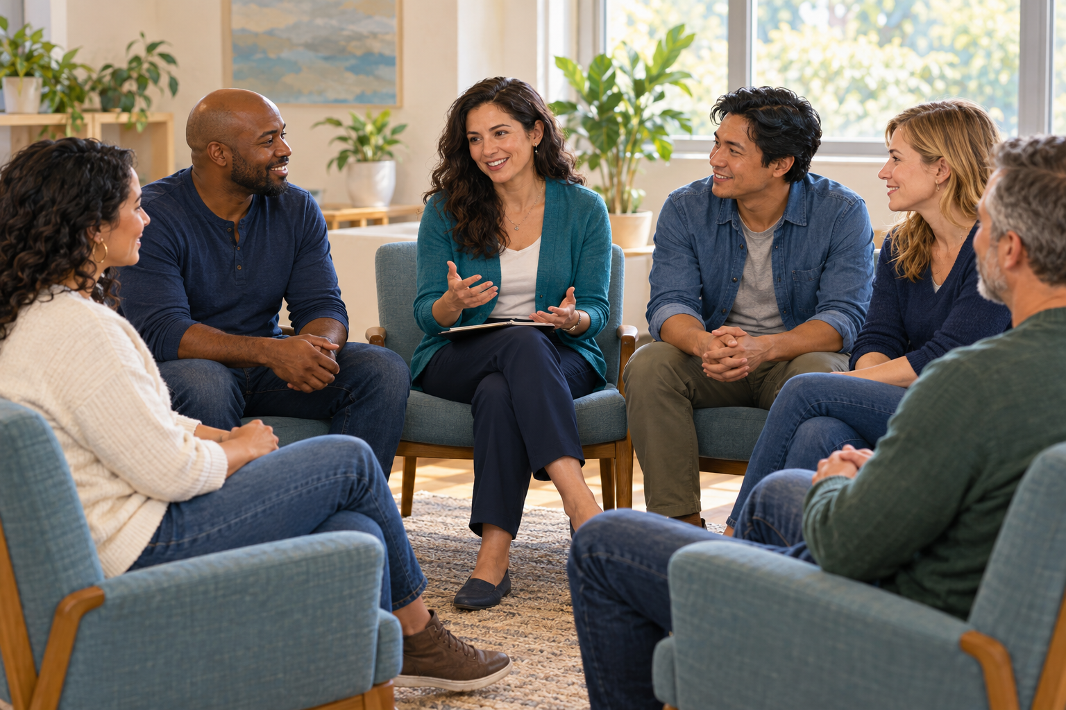 Illustration of adults sharing support with a counselor in a welcoming recovery group